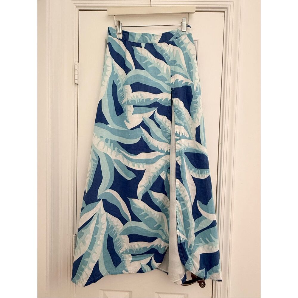 Island Company Westward Linen Skirt Blue Leaf Print High Slit Maxi Skirt Size XS